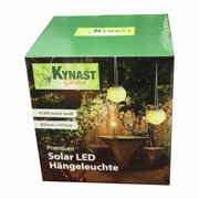 Verpackung der Solar LED Hängeleuchte Kugel 20cm, Vorderansicht mit Abbildung der leuchtenden Kugeln in einem Garten.