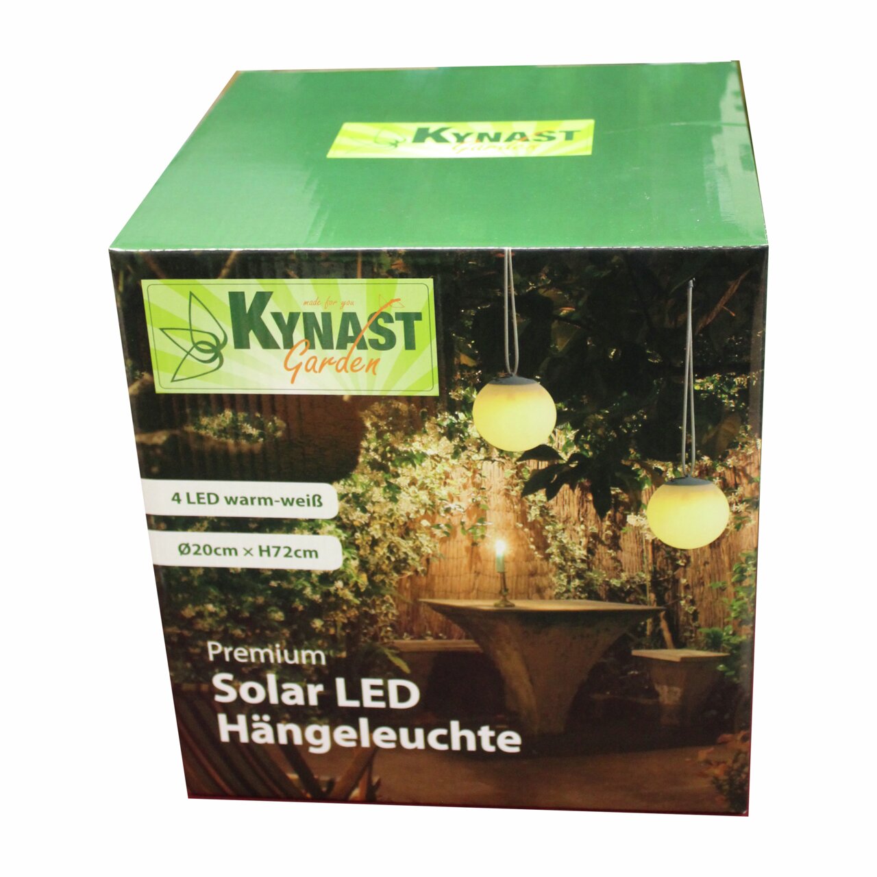Verpackung der Solar LED Hängeleuchte Kugel 20cm, Vorderansicht mit Abbildung der leuchtenden Kugeln in einem Garten.