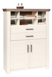 Weißes Highboard mit zwei Schubladen und mehreren offenen Fächern, aus der Frontalperspektive fotografiert.