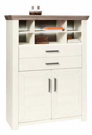 Weißes Highboard mit zwei Schubladen und mehreren offenen Fächern, aus der Frontalperspektive fotografiert.