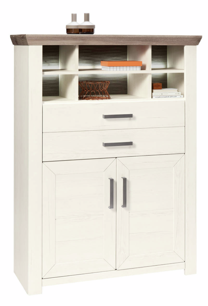 Weißes Highboard mit zwei Schubladen und mehreren offenen Fächern, aus der Frontalperspektive fotografiert.