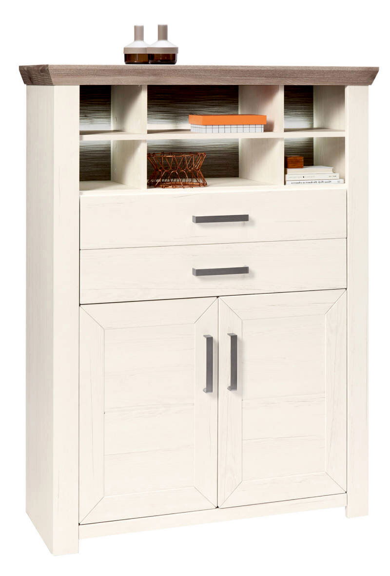 Set one by Musterring Highboard SET ONE YORK Weißes Highboard mit zwei Schubladen und mehreren offenen Fächern, aus der Frontalperspektive fotografiert.