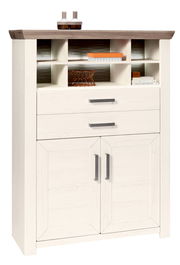 Weißes Highboard mit zwei Schubladen und mehreren offenen Fächern, aus der Frontalperspektive fotografiert.