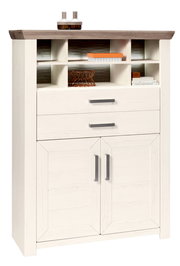 Weißes Highboard mit zwei Schubladen und mehreren offenen Fächern, aus der Frontalperspektive fotografiert.