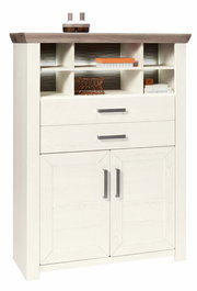 Weißes Highboard mit zwei Schubladen und mehreren offenen Fächern, aus der Frontalperspektive fotografiert.