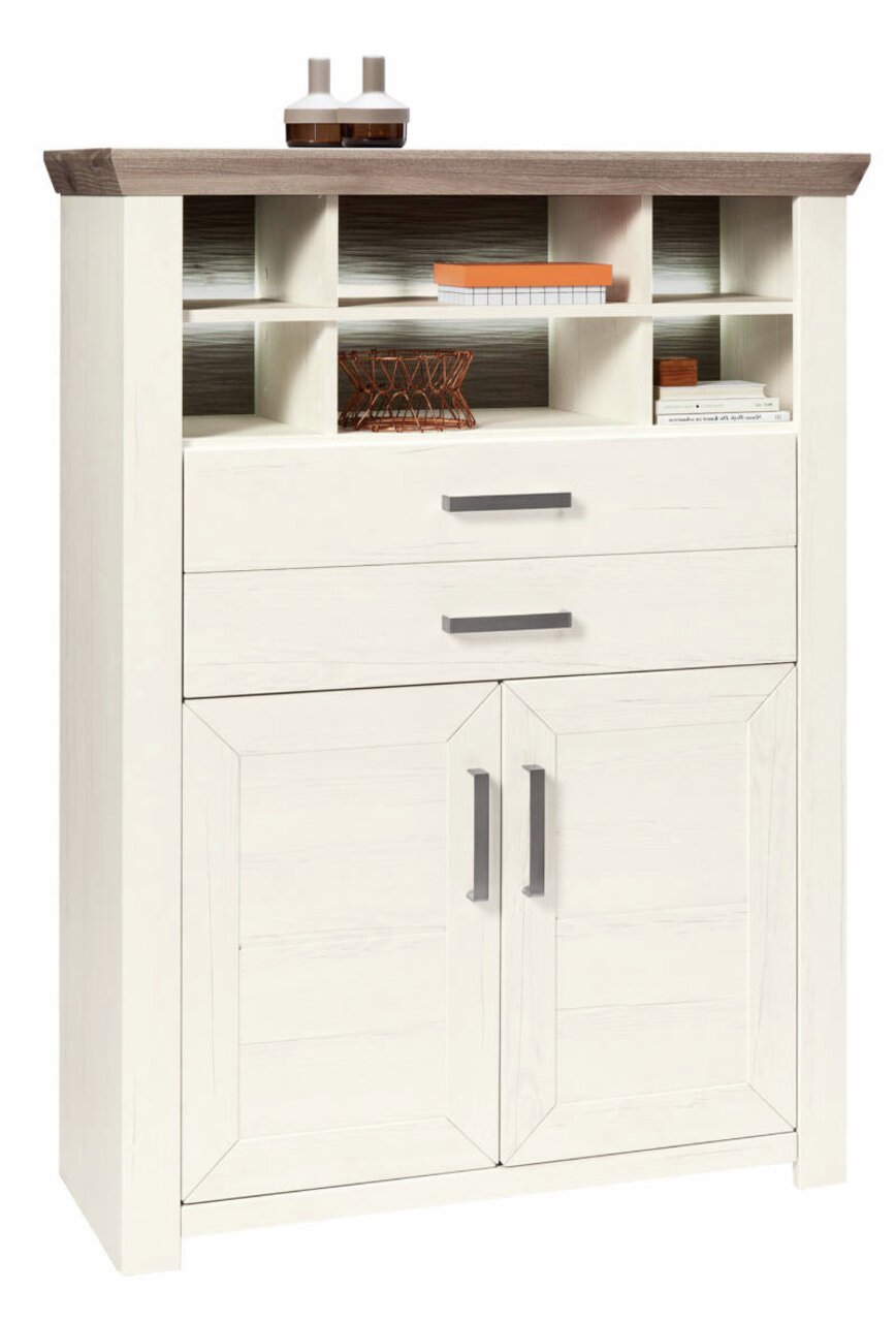 Weißes Highboard mit zwei Schubladen und mehreren offenen Fächern, aus der Frontalperspektive fotografiert.