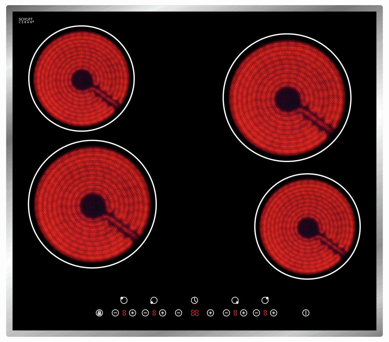 Glaskeramik-Kochfeld mit vier leuchtenden Kochzonen, Draufsicht