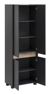 Hochschrank mit offenen Türen, schwarze Farbe, Holzdetail in der Mitte, seitliche Perspektive
