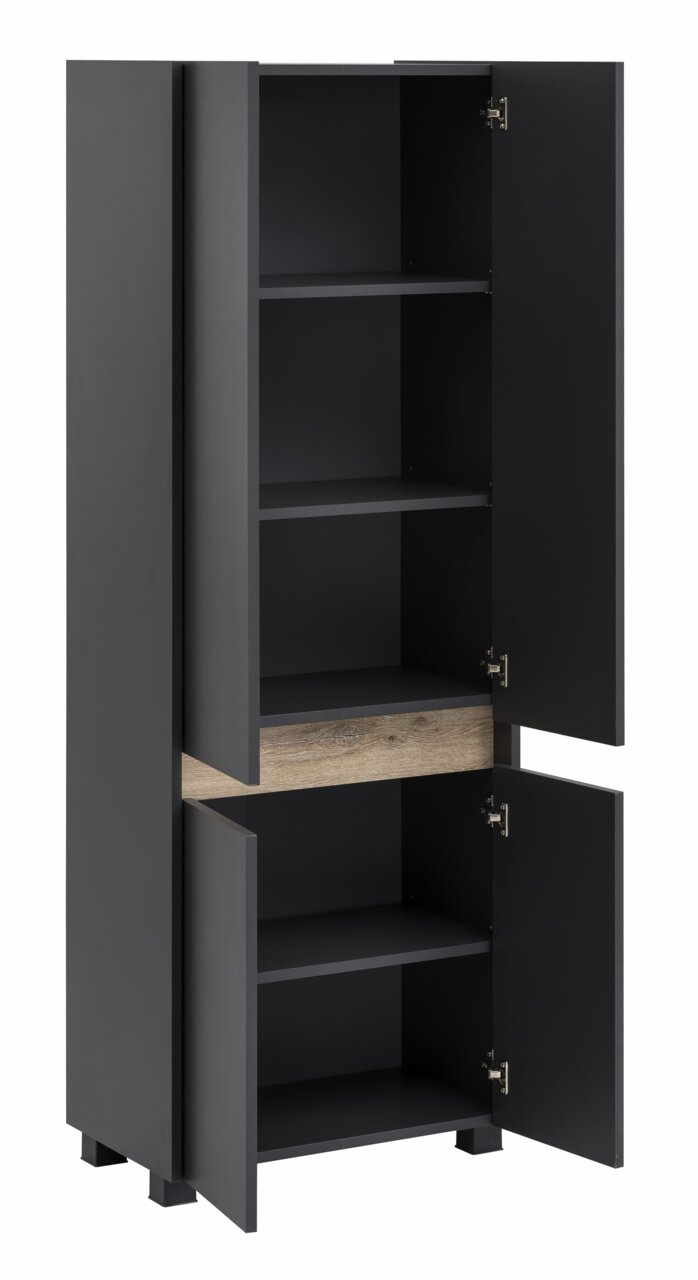Hoge kast met open deuren, zwarte kleur, houten detail in het midden, zijaanzicht