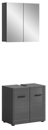 Badezimmerschrank-Kombination in grauem Hochglanz, bestehend aus einem Spiegelschrank und einem Unterschrank, seitliche Perspektive