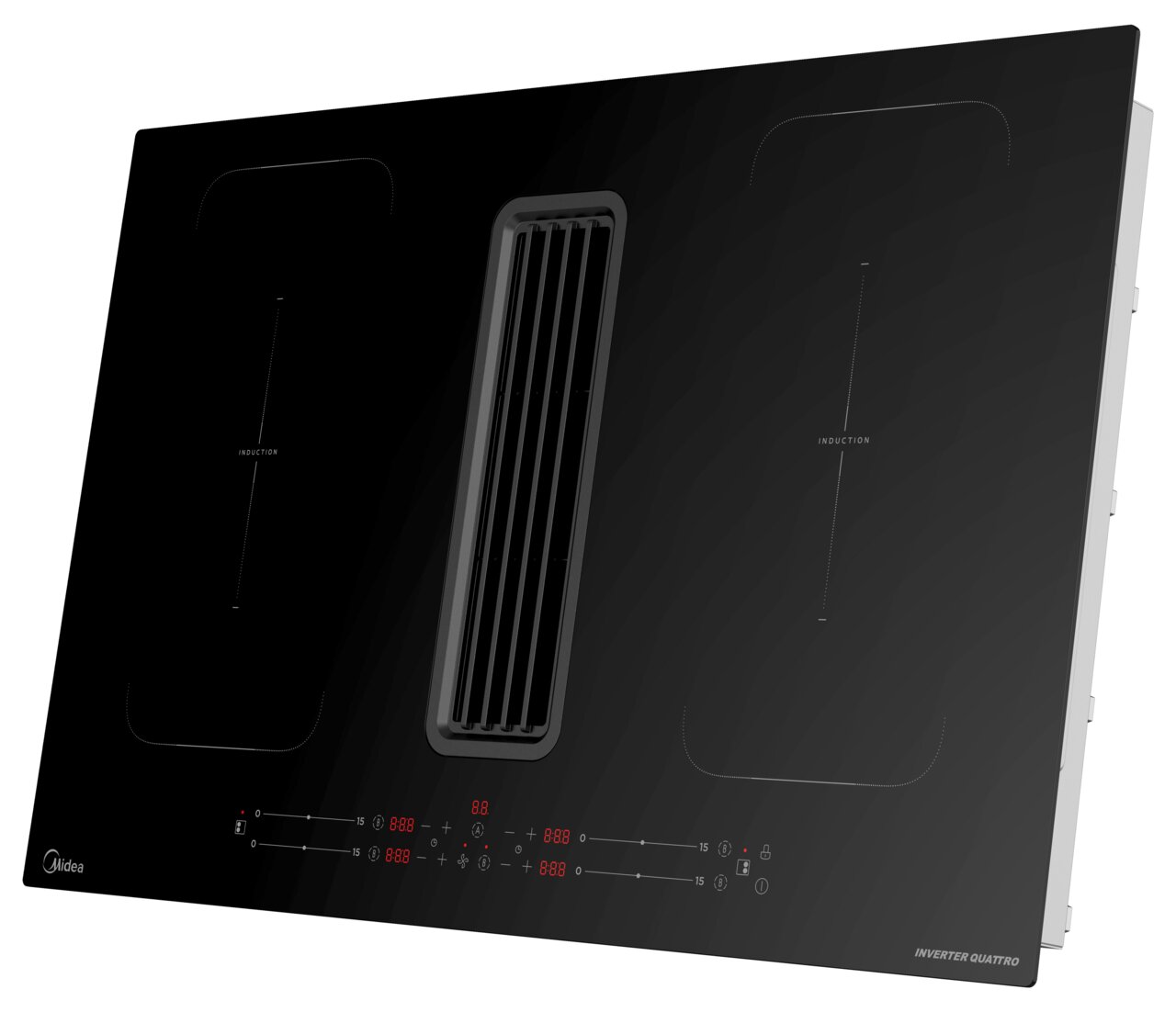 Schrägansicht eines modernen Muldenlüfters mit Induktionskochfeldern und zentralem Lüftungsgitter.
