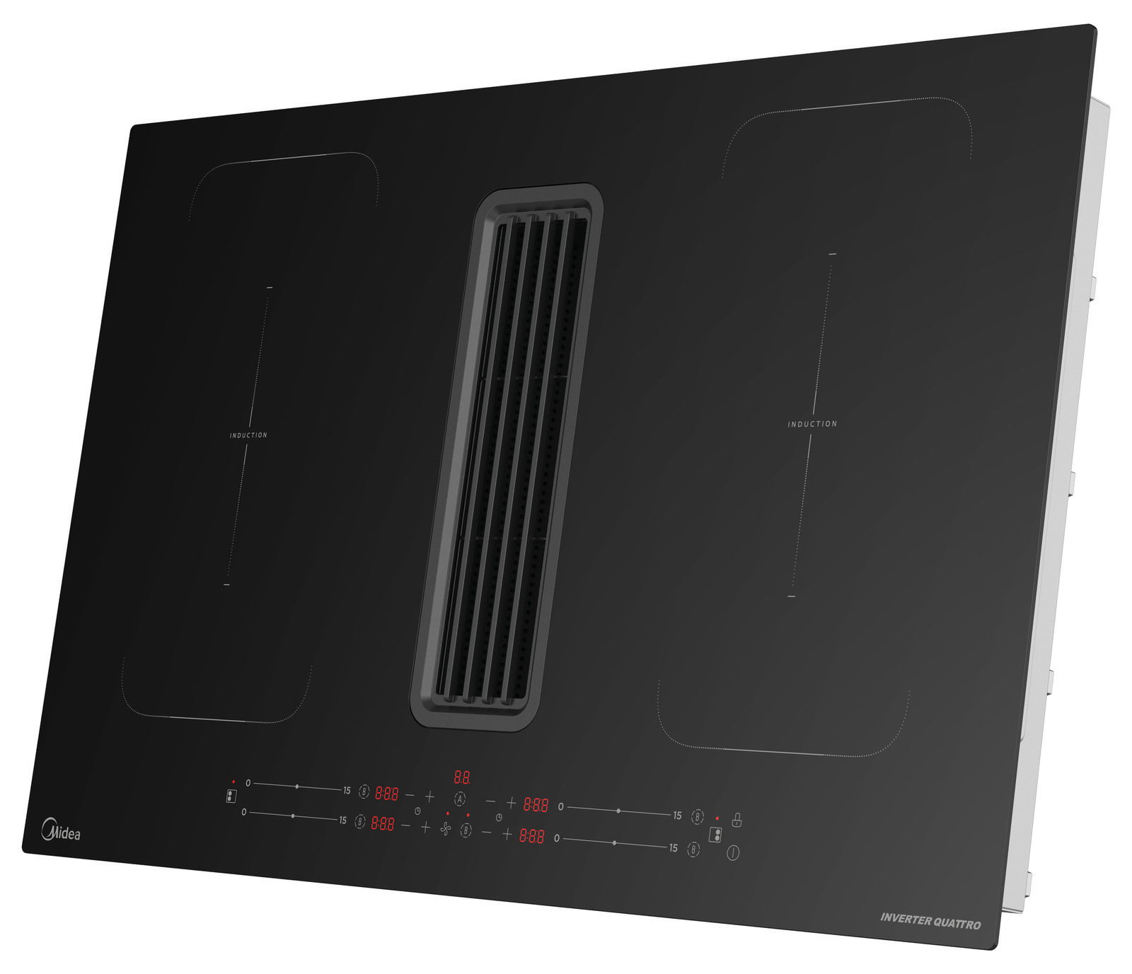 Schrägansicht eines modernen Muldenlüfters mit Induktionskochfeldern und zentralem Lüftungsgitter.