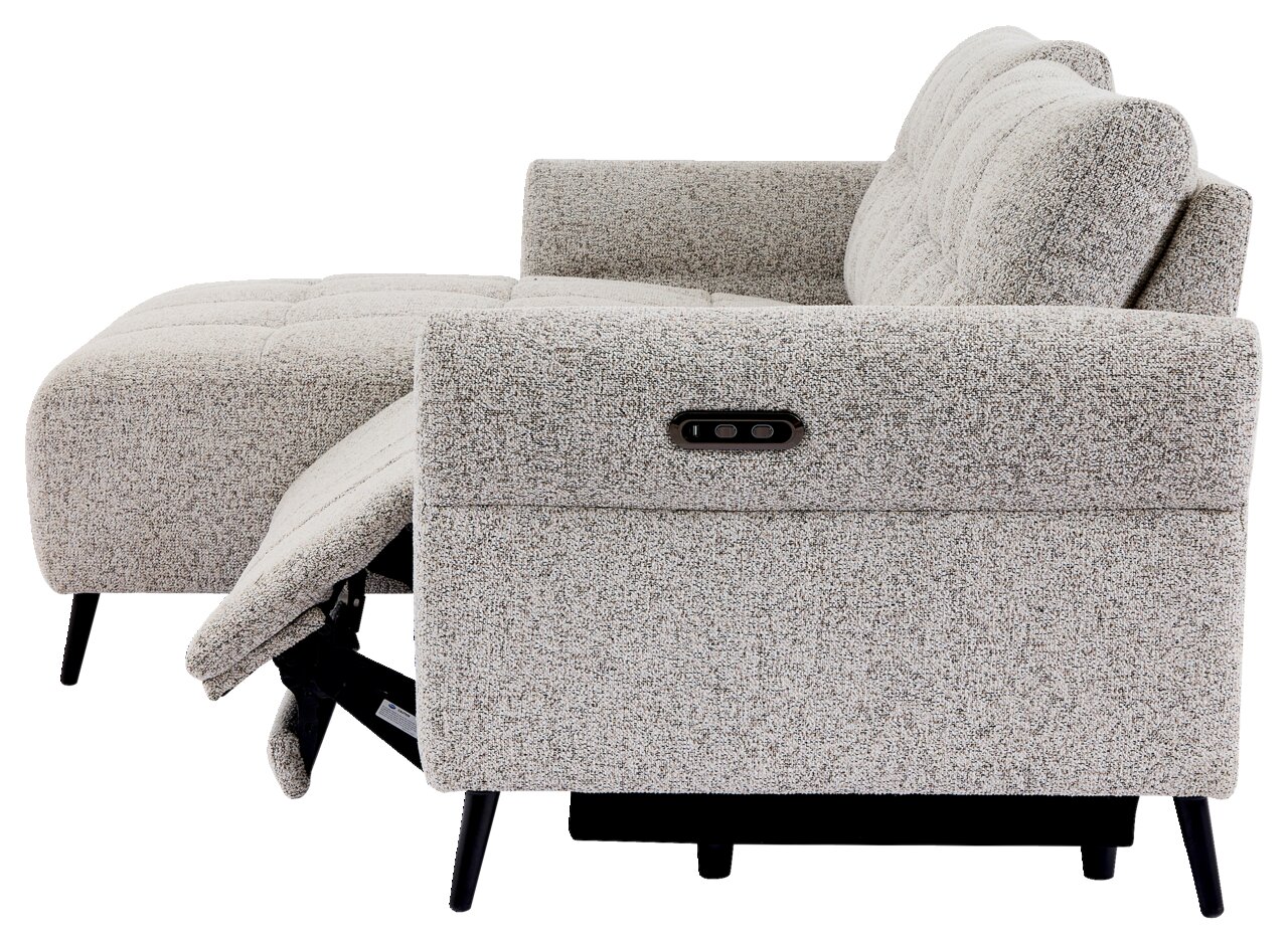 Seitenansicht eines modernen, hellgrauen Ecksofas mit verstellbarer Rückenlehne und schwarzen Beinen.