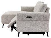 Seitenansicht eines modernen, hellgrauen Ecksofas mit verstellbarer Rückenlehne und schwarzen Beinen.