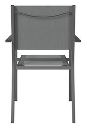 Rückansicht eines grauen Stapelsessels mit Armlehnen und stabiler Rückenlehne.