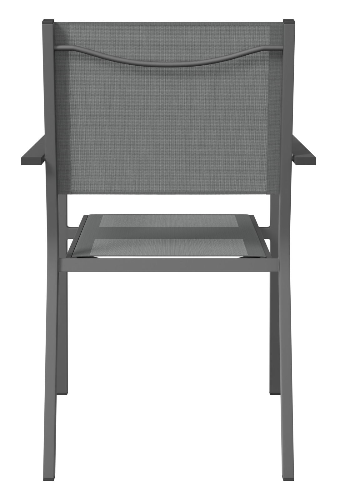Rückansicht eines grauen Stapelsessels mit Armlehnen und stabiler Rückenlehne.