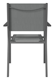 Rückansicht eines grauen Stapelsessels mit Armlehnen und stabiler Rückenlehne.