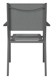 Rückansicht eines grauen Stapelsessels mit Armlehnen und stabiler Rückenlehne.