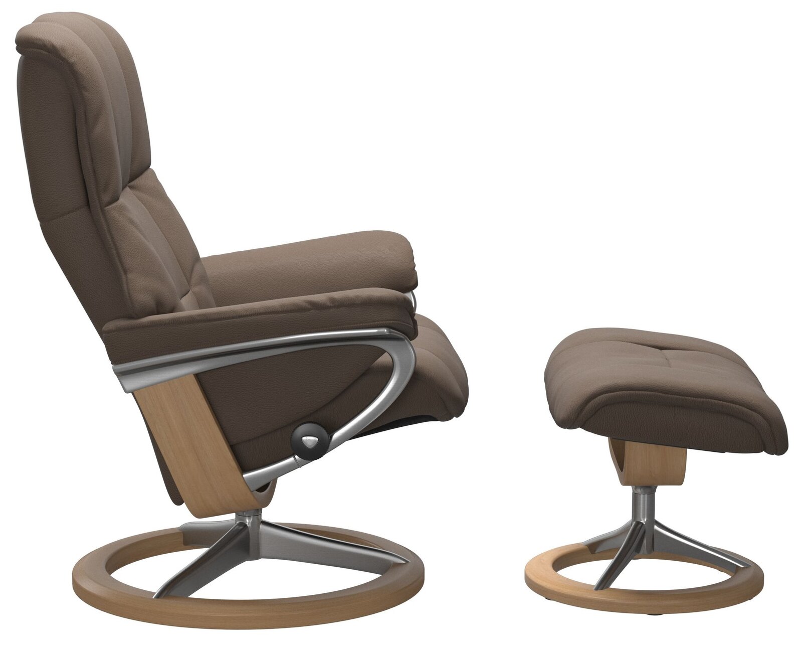 Bequemer Einzelsessel mit Hocker in Seitenansicht, braunes Polster und Holz-Metall-Gestell.