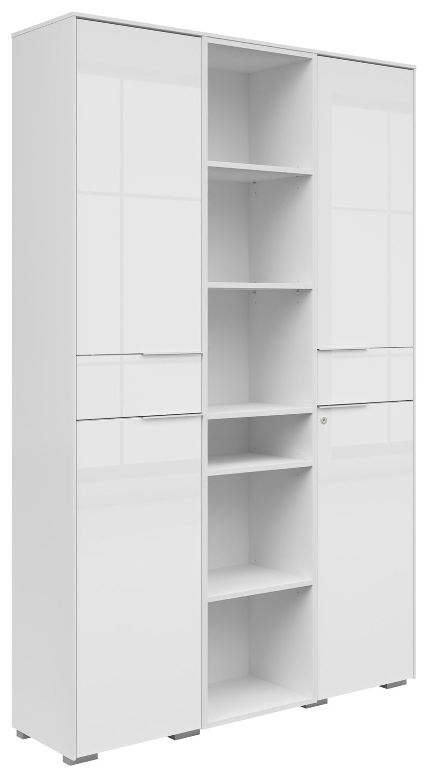 Voleo Aktenschrank Kombination NEVADA Weißer Aktenschrank mit zwei Türen und offenen Regalfächern, seitliche Perspektive