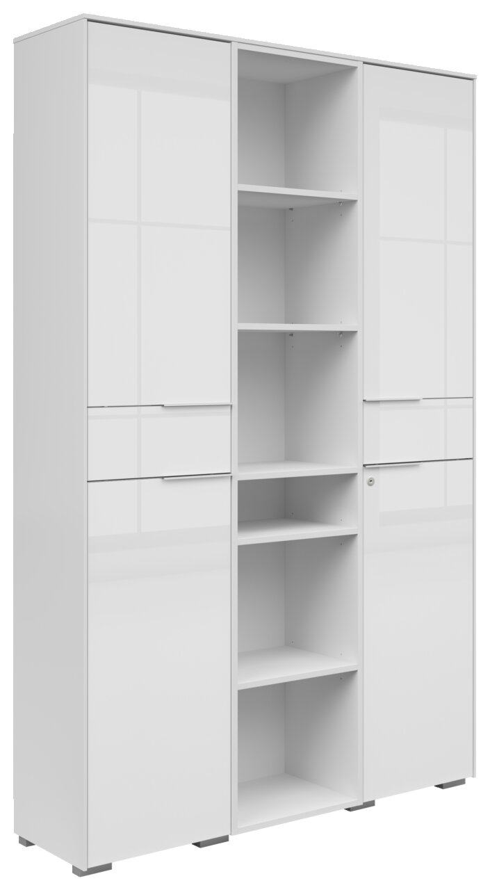 Weißer Aktenschrank mit zwei Türen und offenen Regalfächern, seitliche Perspektive