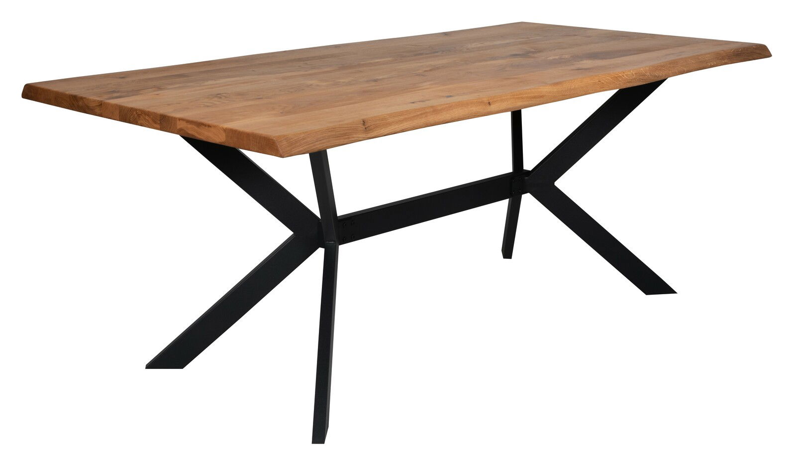 Moderner Esstisch mit Holzplatte und schwarzen Metallbeinen, seitliche Perspektive