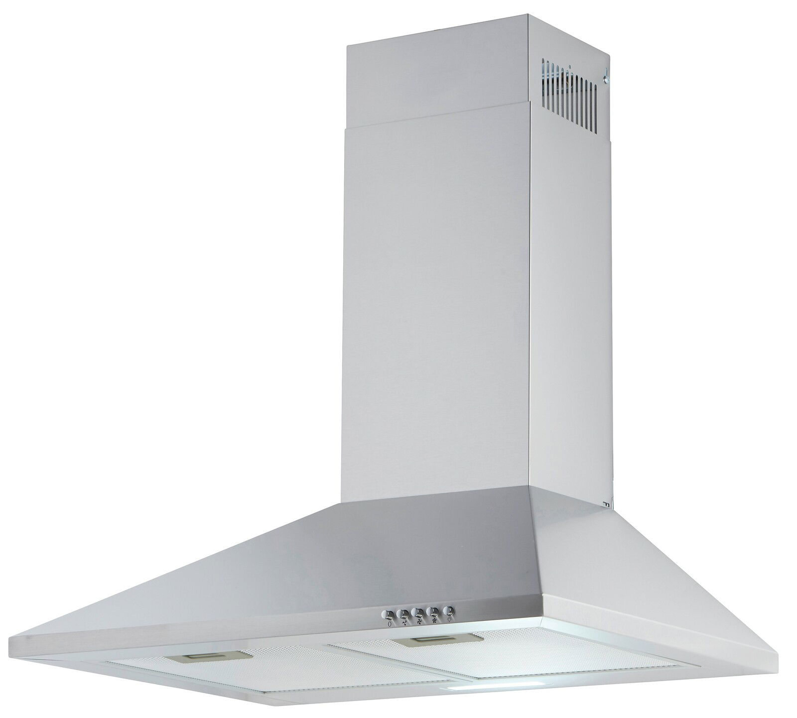 Silberne Dunstabzugshaube in Edelstahloptik, seitliche Perspektive