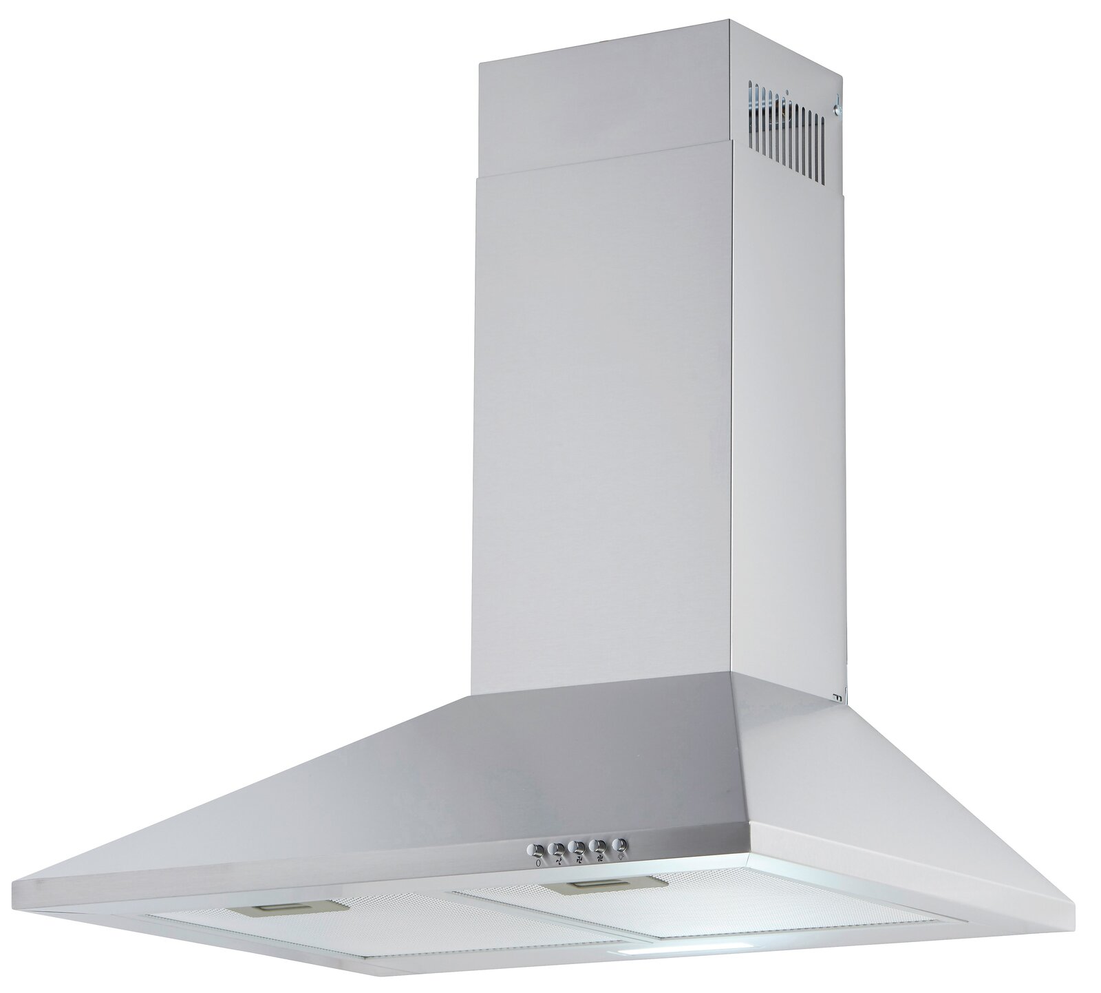 Silberne Dunstabzugshaube in Edelstahloptik, seitliche Perspektive