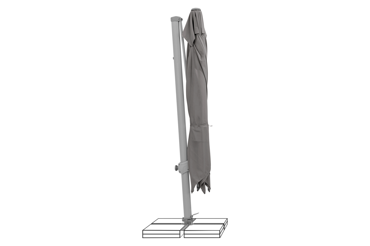 Geschlossener Ampelschirm von der Seite mit stabilem Standfuß.