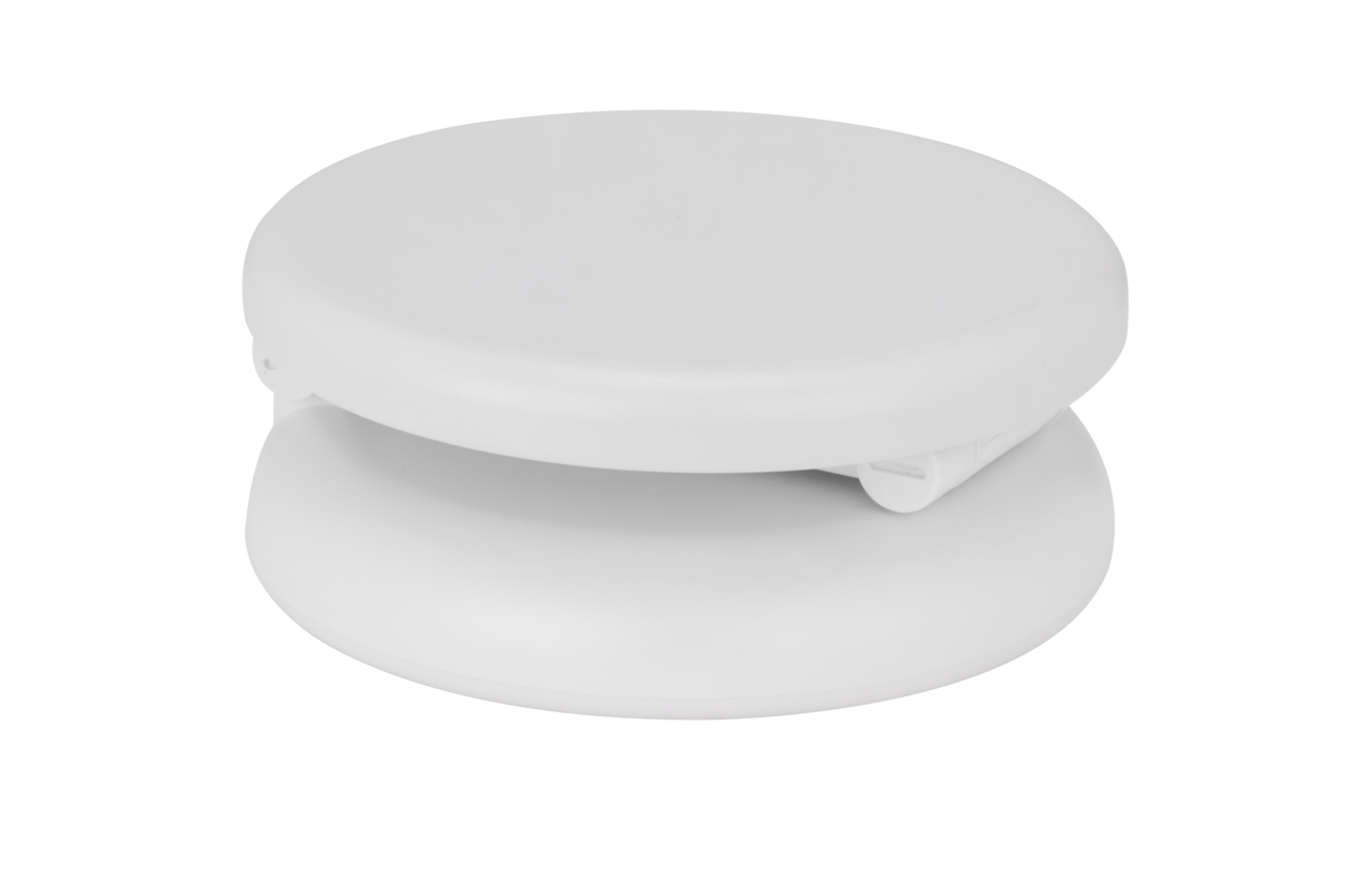 Weiße, runde LED-Schreibtischleuchte in geschlossener Position, seitliche Perspektive