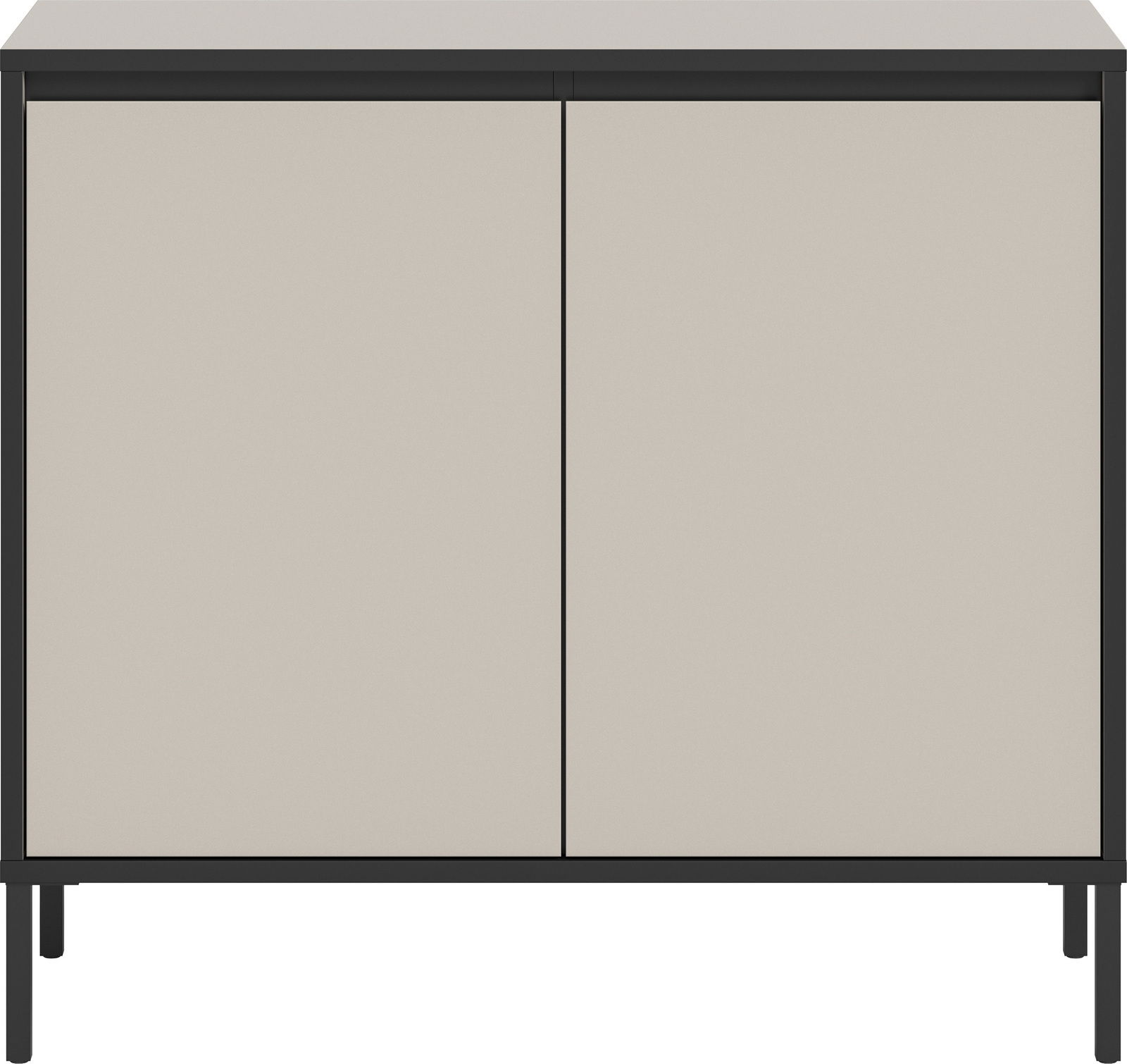 Moderne Kommode mit zwei Türen in Beige und schwarzem Rahmen, Vorderansicht