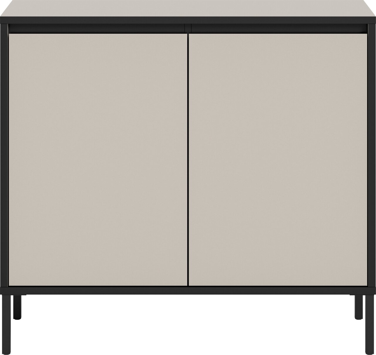Moderne Kommode mit zwei Türen in Beige und schwarzem Rahmen, Vorderansicht