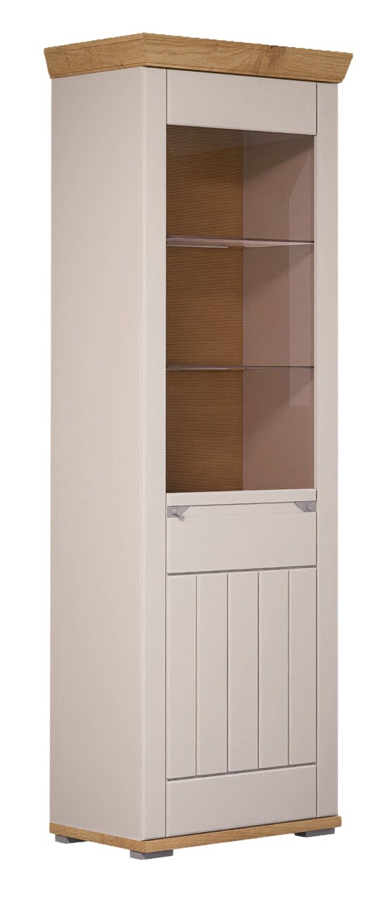 Vitrine aus Holz mit Glastüren, seitliche Perspektive