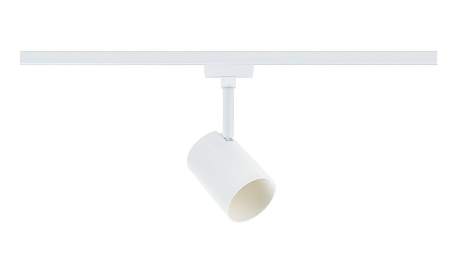 Weißer Schienenspot Luxe, seitliche Perspektive, montiert an einer Schiene.
