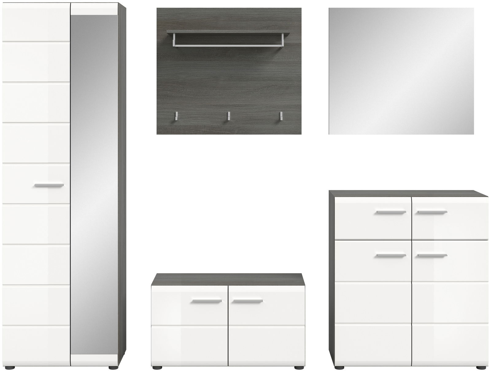 Garderobenkombination SALSA bestehend aus einem hohen Schrank mit Spiegel, einer Wandgarderobe mit Haken und Ablage, einem quadratischen Spiegel, einem niedrigen Schuhschrank und einer Kommode, frontal abgebildet.