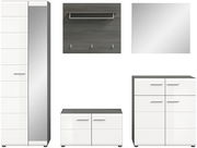 Garderobenkombination SALSA bestehend aus einem hohen Schrank mit Spiegel, einer Wandgarderobe mit Haken und Ablage, einem quadratischen Spiegel, einem niedrigen Schuhschrank und einer Kommode, frontal abgebildet.