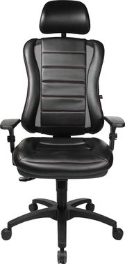 Schwarzer Gaming-Stuhl mit Kopfstütze und Armlehnen, Vorderansicht