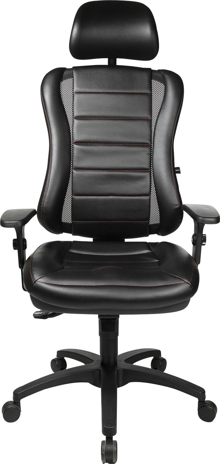 Schwarzer Gaming-Stuhl mit Kopfstütze und Armlehnen, Vorderansicht