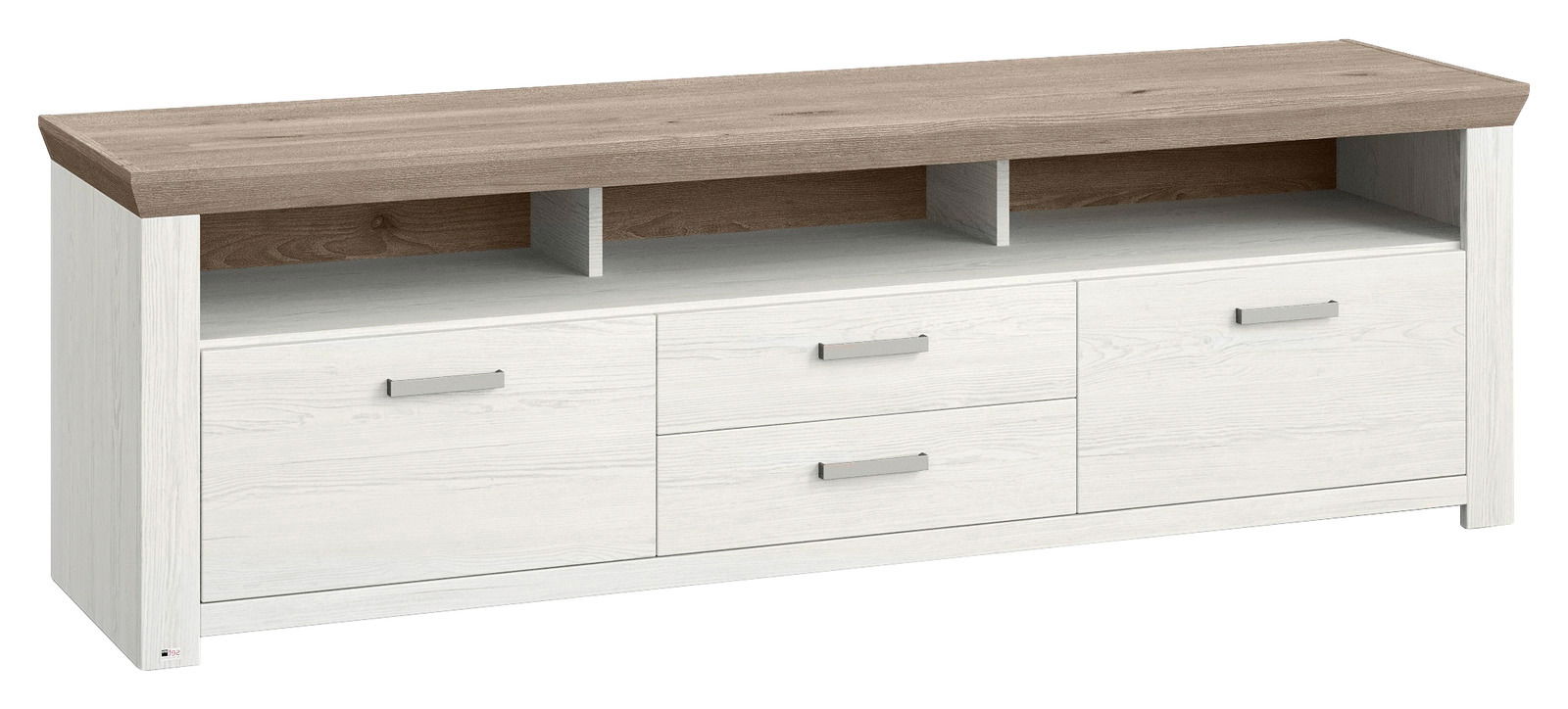 Weißes Lowboard mit drei offenen Fächern und drei Schubladen, Ansicht von vorne