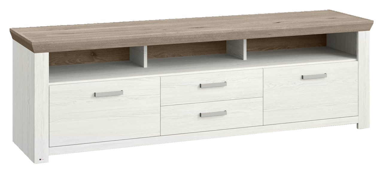 Set one by Musterring Lowboard SET ONE YORK Weißes Lowboard mit drei offenen Fächern und drei Schubladen, Ansicht von vorne