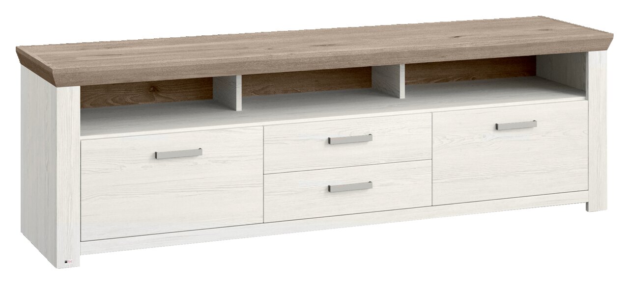 Set one by Musterring Lowboard SET ONE YORK Weißes Lowboard mit drei offenen Fächern und drei Schubladen, Ansicht von vorne