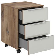 Rollcontainer mit drei offenen Schubladen, Holzoptik an den Seiten, weiße Fronten, auf Rollen, Perspektive von vorne links