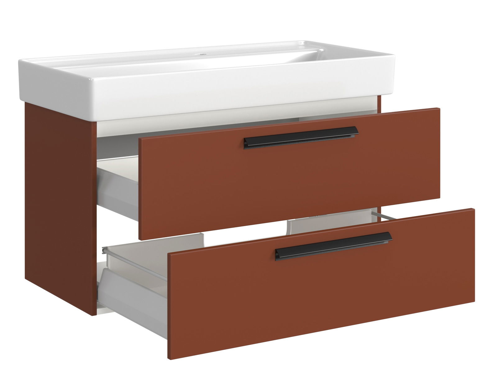 Waschtisch-Set mit zwei offenen Schubladen in brauner Farbe, seitliche Perspektive