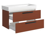 Waschtisch-Set mit zwei offenen Schubladen in brauner Farbe, seitliche Perspektive
