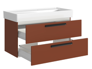 Waschtisch-Set mit zwei offenen Schubladen in brauner Farbe, seitliche Perspektive