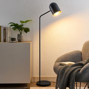 Moderne schwarze Stehleuchte in einem gemütlichen Wohnzimmer, seitliche Perspektive.