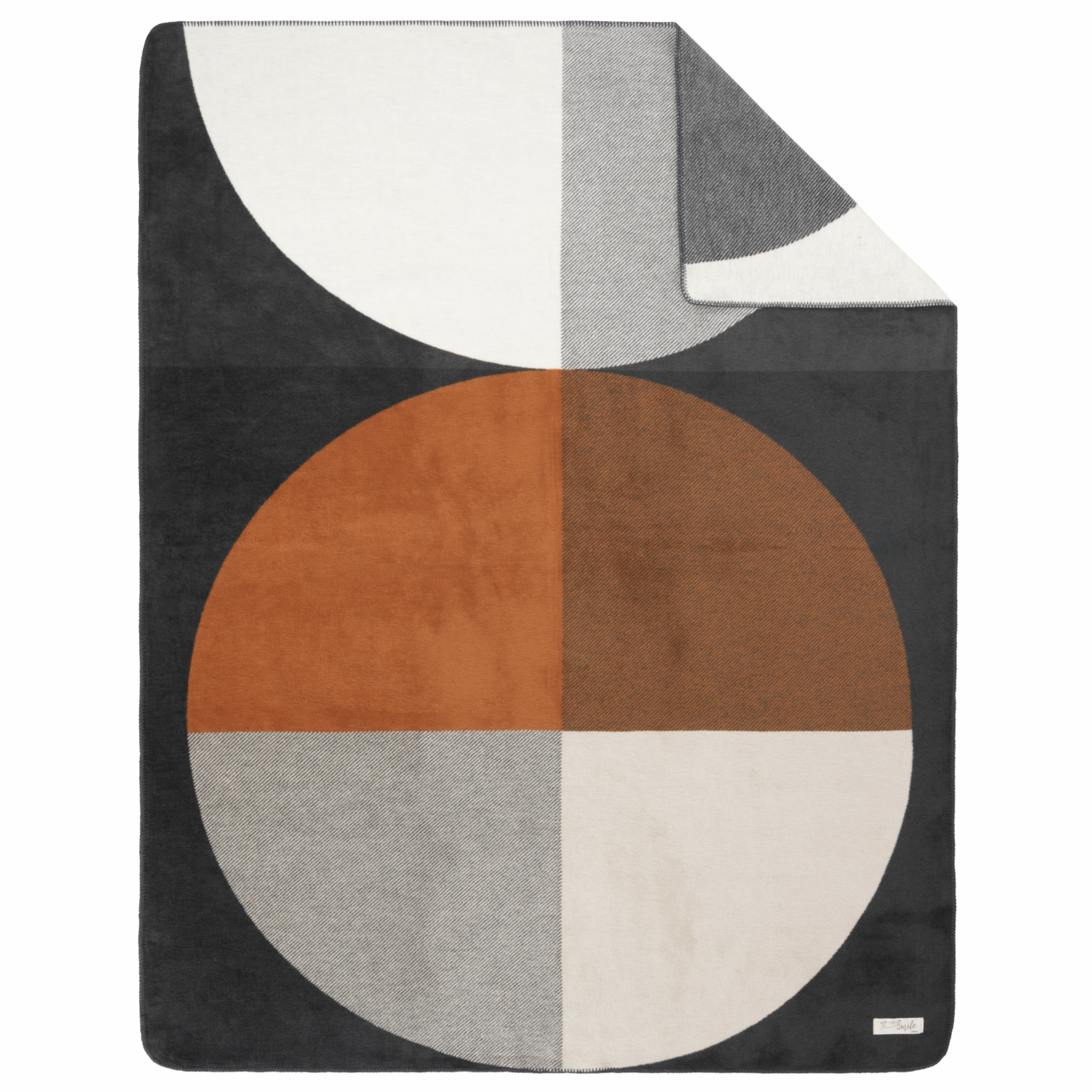 Jacquard Decke mit geometrischem Muster in Grau, Weiß, Orange und Braun, Draufsicht