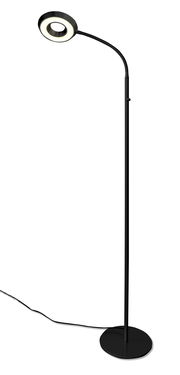 Schwarze LED-Steh- und Leseleuchte mit flexiblem Hals und rundem Leuchtkopf, seitliche Perspektive