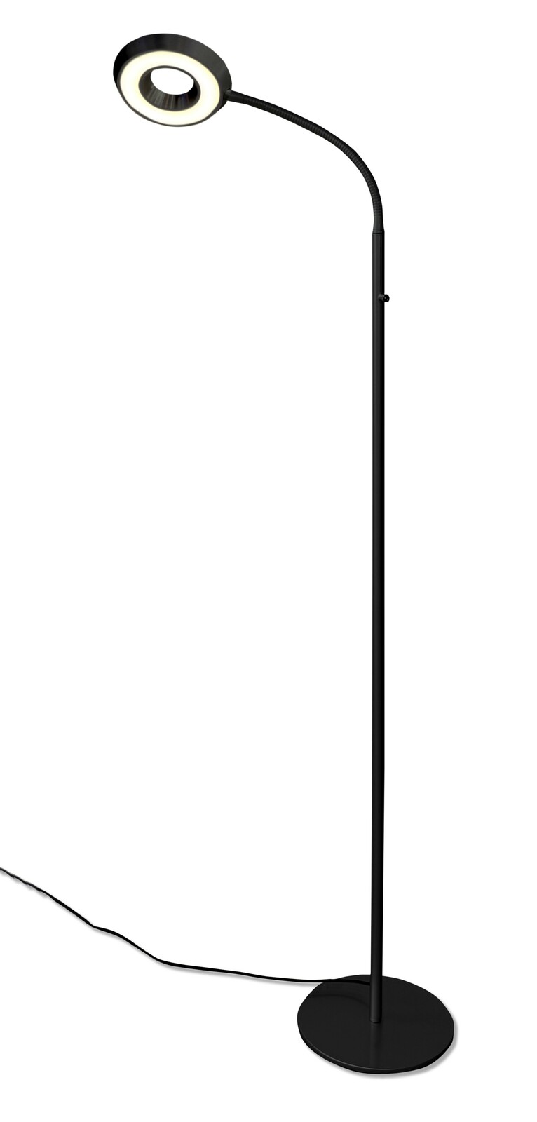 Schwarze LED-Steh- und Leseleuchte mit flexiblem Hals und rundem Leuchtkopf, seitliche Perspektive