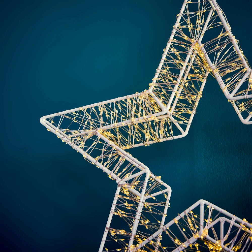 Nahaufnahme eines LED-Sterns mit 960 LEDs, die in einem filigranen Muster auf einem weißen Rahmen angeordnet sind, vor einem blauen Hintergrund.